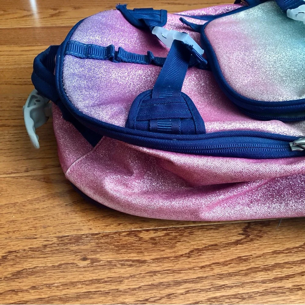 Pottery Barn Kids Glitter Pink Teal Rolling Backpack Homework Supplies Pouch Set
